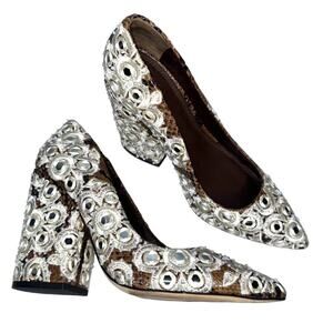Tory Burch Francesca Roccia Embroidered Rhinestone Heels Silver/White Size 7.5M